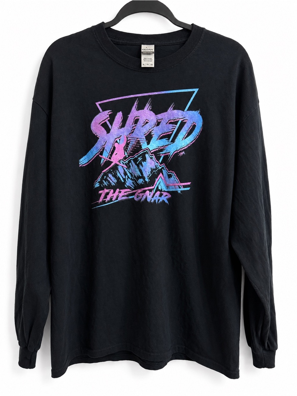 Shred The Gnar Long Sleeve Graphic Tee Black Retro Ski Snowboard Y2K Cotton XL